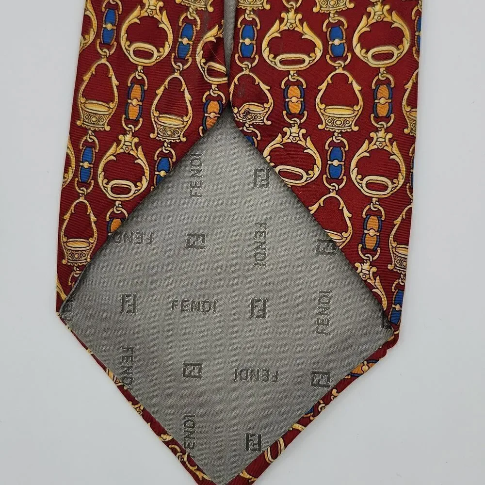 Fendi Cravatte 100% Silk Tie Men’s Burgundy Gold Equestrian Print Made in Italy